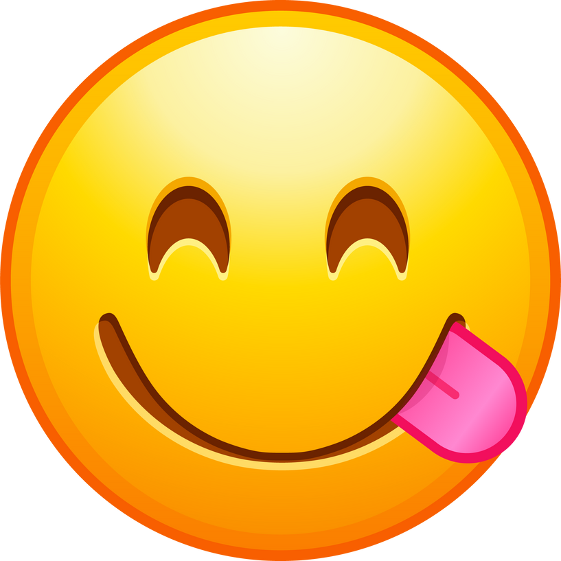 Top quality emoticon. Yummy emoji. Smiling emoticon licking lips, savoring food. Yellow face emoji. Popular element.